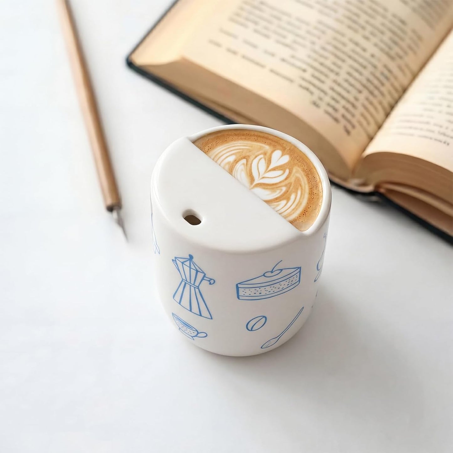 Ceramic Mug with Sip Hole 10 oz Novelty Food Pattern Ceramic Coffee Mug Hand Painted Travel Mugs Heat Resistant Non Slip Built in One Lid Handcraft Mugs for Coffee Lovers Appreciation Gift