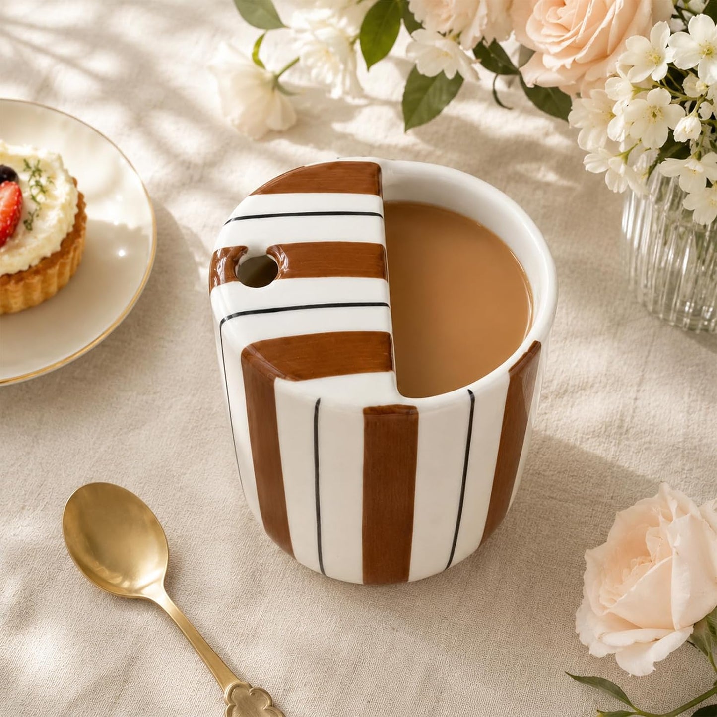 Ceramic Mug with Sip Hole 10 oz Novelty Food Pattern Ceramic Coffee Mug Hand Painted Travel Mugs Heat Resistant Non Slip Built in One Lid Handcraft Mugs for Coffee Lovers Appreciation Gift