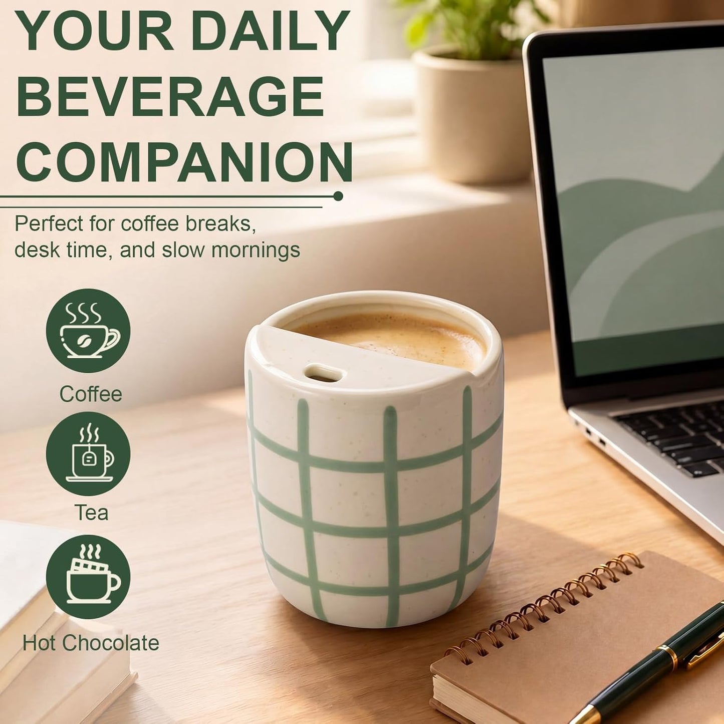 Ceramic Mug with Sip Hole 10 oz Novelty Food Pattern Ceramic Coffee Mug Hand Painted Travel Mugs Heat Resistant Non Slip Built in One Lid Handcraft Mugs for Coffee Lovers Appreciation Gift