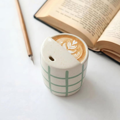 Ceramic Mug with Sip Hole 10 oz Novelty Food Pattern Ceramic Coffee Mug Hand Painted Travel Mugs Heat Resistant Non Slip Built in One Lid Handcraft Mugs for Coffee Lovers Appreciation Gift