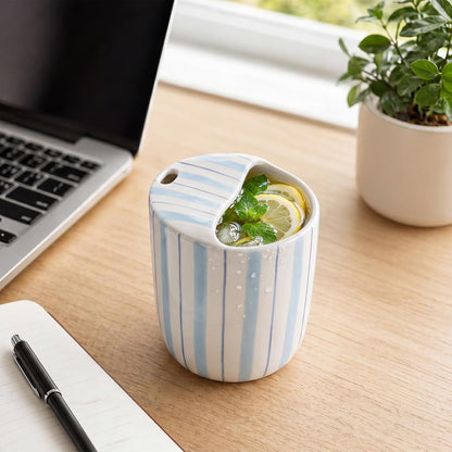Ceramic Mug with Sip Hole 10 oz Novelty Food Pattern Ceramic Coffee Mug Hand Painted Travel Mugs Heat Resistant Non Slip Built in One Lid Handcraft Mugs for Coffee Lovers Appreciation Gift