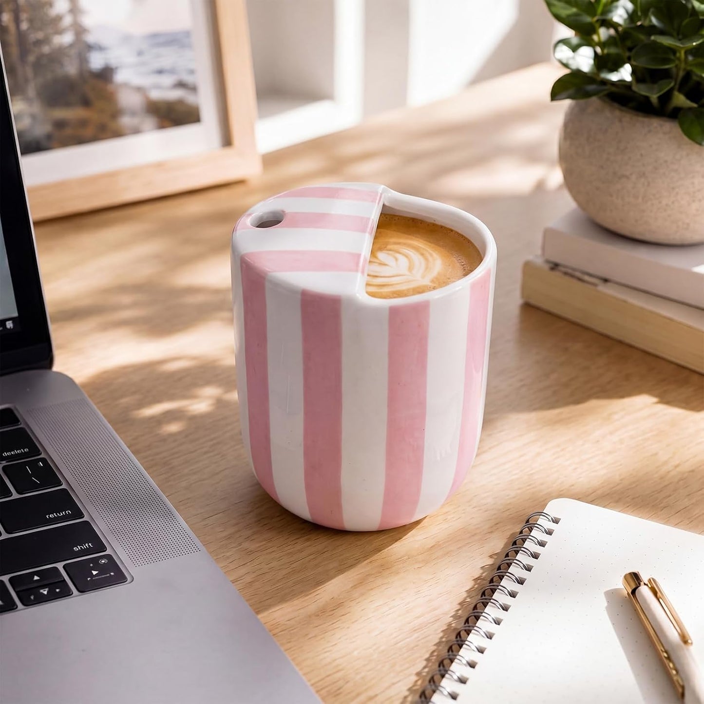 Ceramic Mug with Sip Hole 10 oz Novelty Food Pattern Ceramic Coffee Mug Hand Painted Travel Mugs Heat Resistant Non Slip Built in One Lid Handcraft Mugs for Coffee Lovers Appreciation Gift