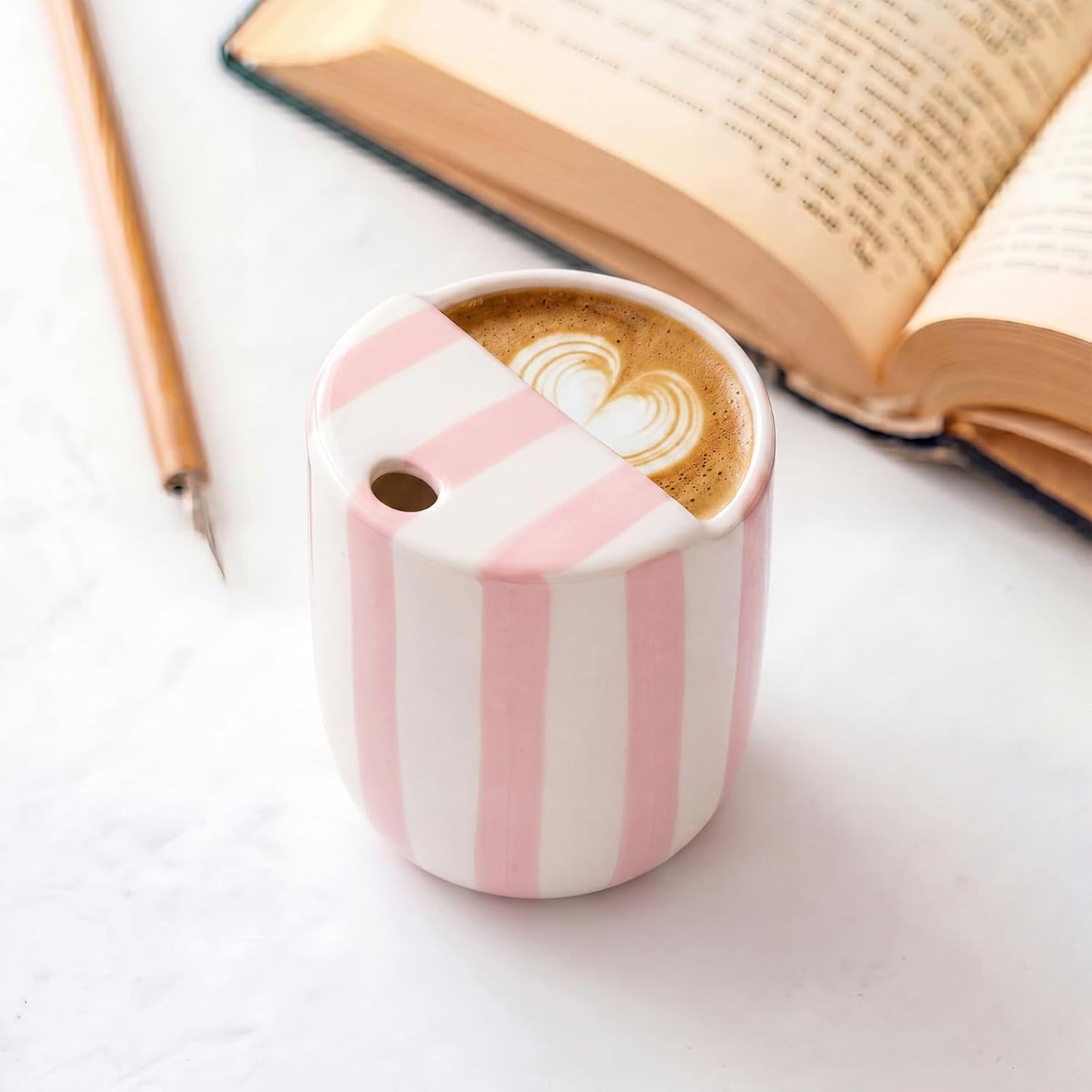 Ceramic Mug with Sip Hole 10 oz Novelty Food Pattern Ceramic Coffee Mug Hand Painted Travel Mugs Heat Resistant Non Slip Built in One Lid Handcraft Mugs for Coffee Lovers Appreciation Gift