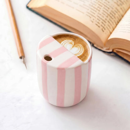 Ceramic Mug with Sip Hole 10 oz Novelty Food Pattern Ceramic Coffee Mug Hand Painted Travel Mugs Heat Resistant Non Slip Built in One Lid Handcraft Mugs for Coffee Lovers Appreciation Gift