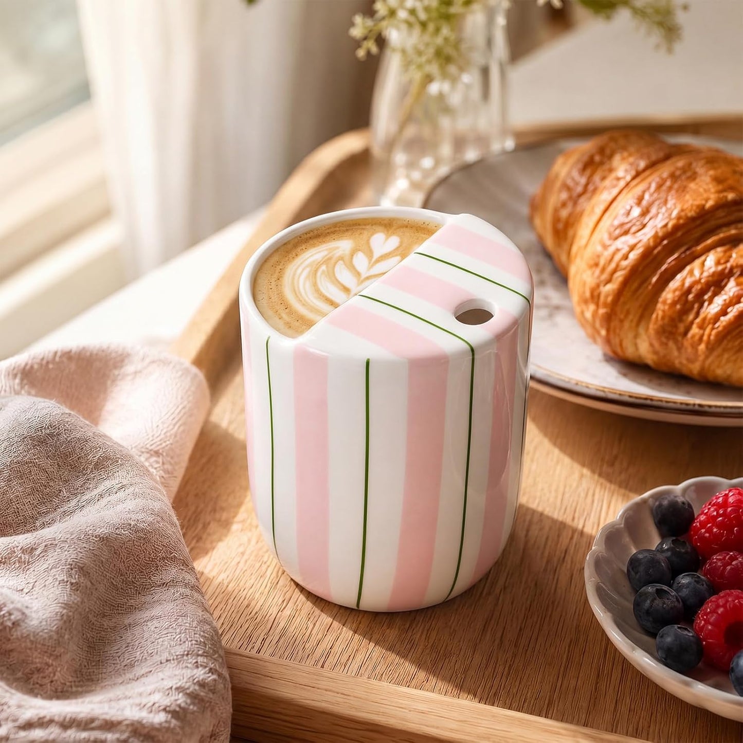 Ceramic Mug with Sip Hole 10 oz Novelty Food Pattern Ceramic Coffee Mug Hand Painted Travel Mugs Heat Resistant Non Slip Built in One Lid Handcraft Mugs for Coffee Lovers Appreciation Gift
