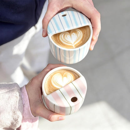 Ceramic Mug with Sip Hole 10 oz Novelty Food Pattern Ceramic Coffee Mug Hand Painted Travel Mugs Heat Resistant Non Slip Built in One Lid Handcraft Mugs for Coffee Lovers Appreciation Gift