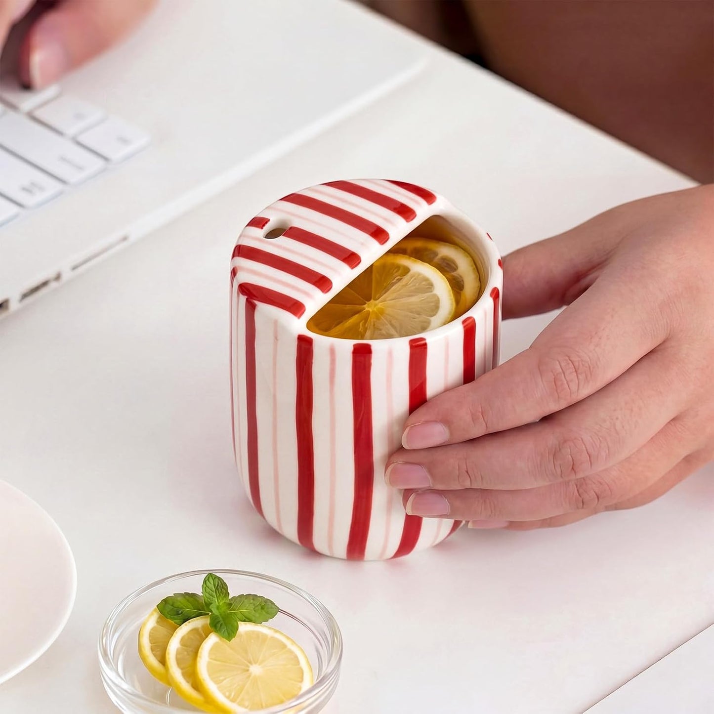 Ceramic Mug with Sip Hole 10 oz Novelty Food Pattern Ceramic Coffee Mug Hand Painted Travel Mugs Heat Resistant Non Slip Built in One Lid Handcraft Mugs for Coffee Lovers Appreciation Gift