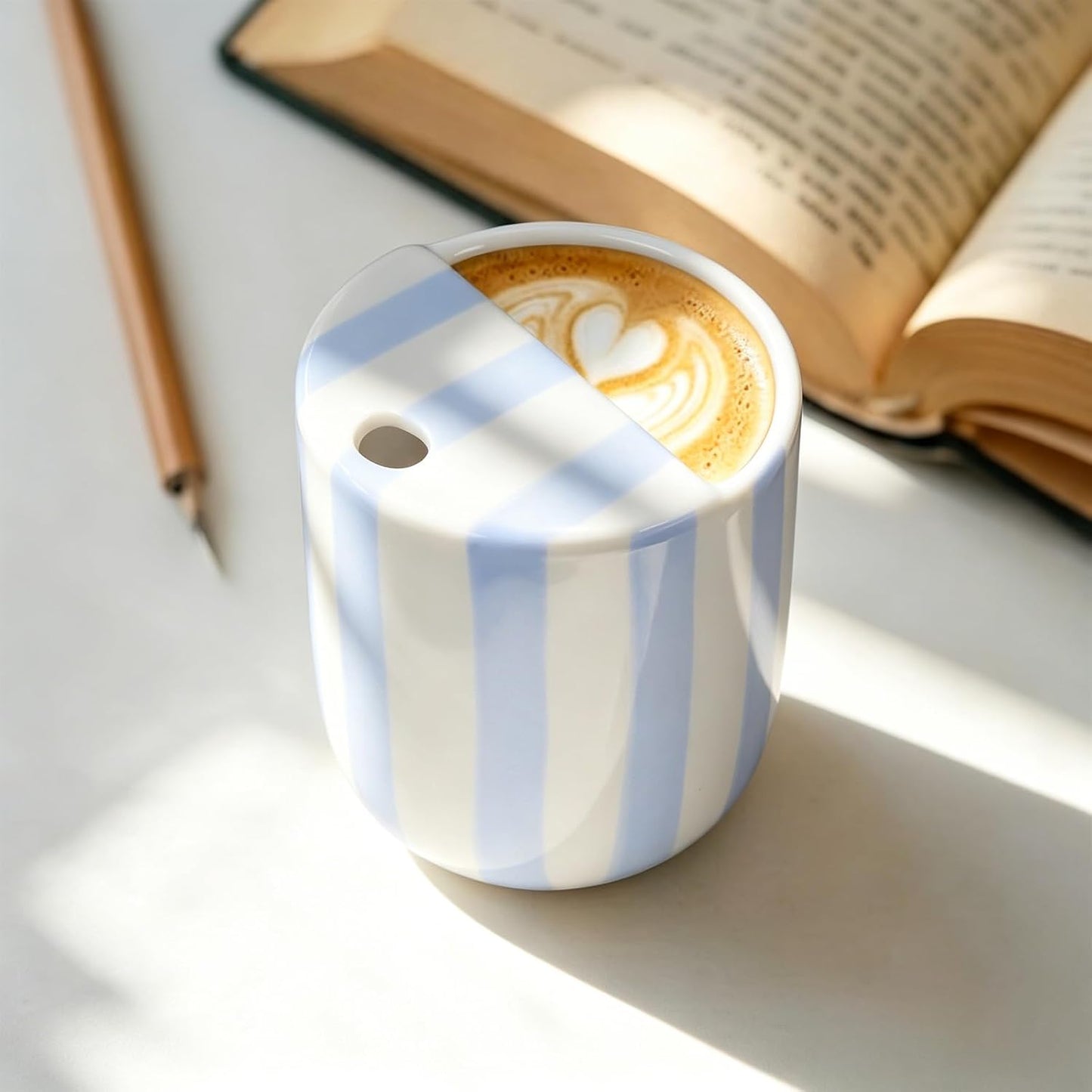 Ceramic Mug with Sip Hole 10 oz Novelty Food Pattern Ceramic Coffee Mug Hand Painted Travel Mugs Heat Resistant Non Slip Built in One Lid Handcraft Mugs for Coffee Lovers Appreciation Gift
