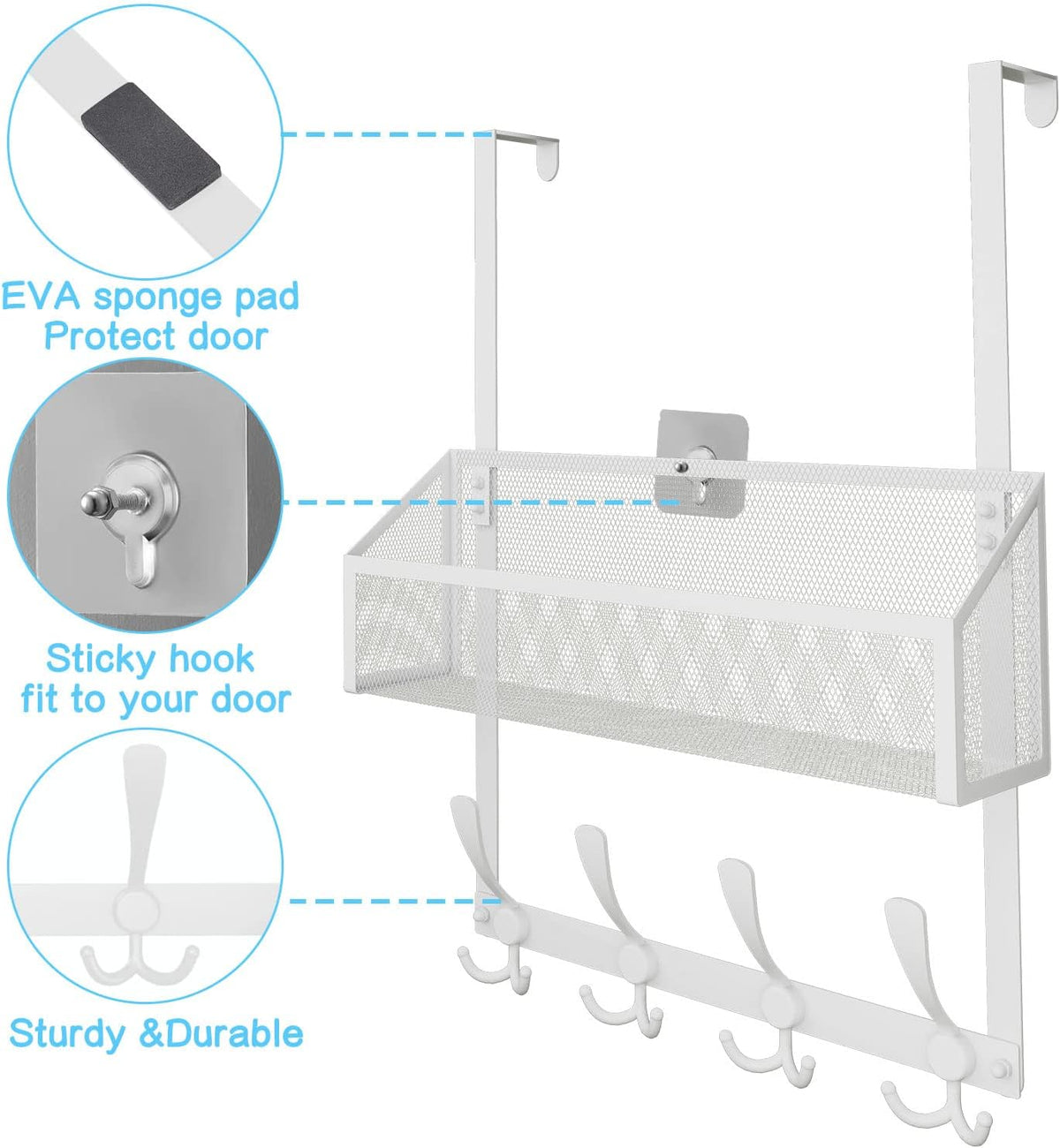 Over The Door Hooks Organizer, Coat Rack Over The Door Storage Hanger Towel Rack, Back of Door Storage Organizer for Bathroom,Bedroom,Kitchen,Office (White, 4-Tier)