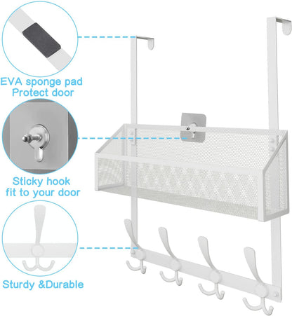 Over The Door Hooks Organizer, Coat Rack Over The Door Storage Hanger Towel Rack, Back of Door Storage Organizer for Bathroom,Bedroom,Kitchen,Office (White, 4-Tier)