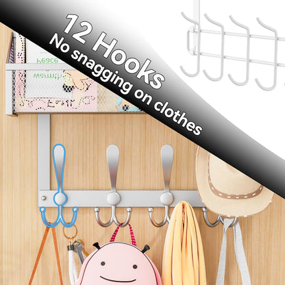 Over The Door Hooks Organizer, Coat Rack Over The Door Storage Hanger Towel Rack, Back of Door Storage Organizer for Bathroom,Bedroom,Kitchen,Office (White, 4-Tier)