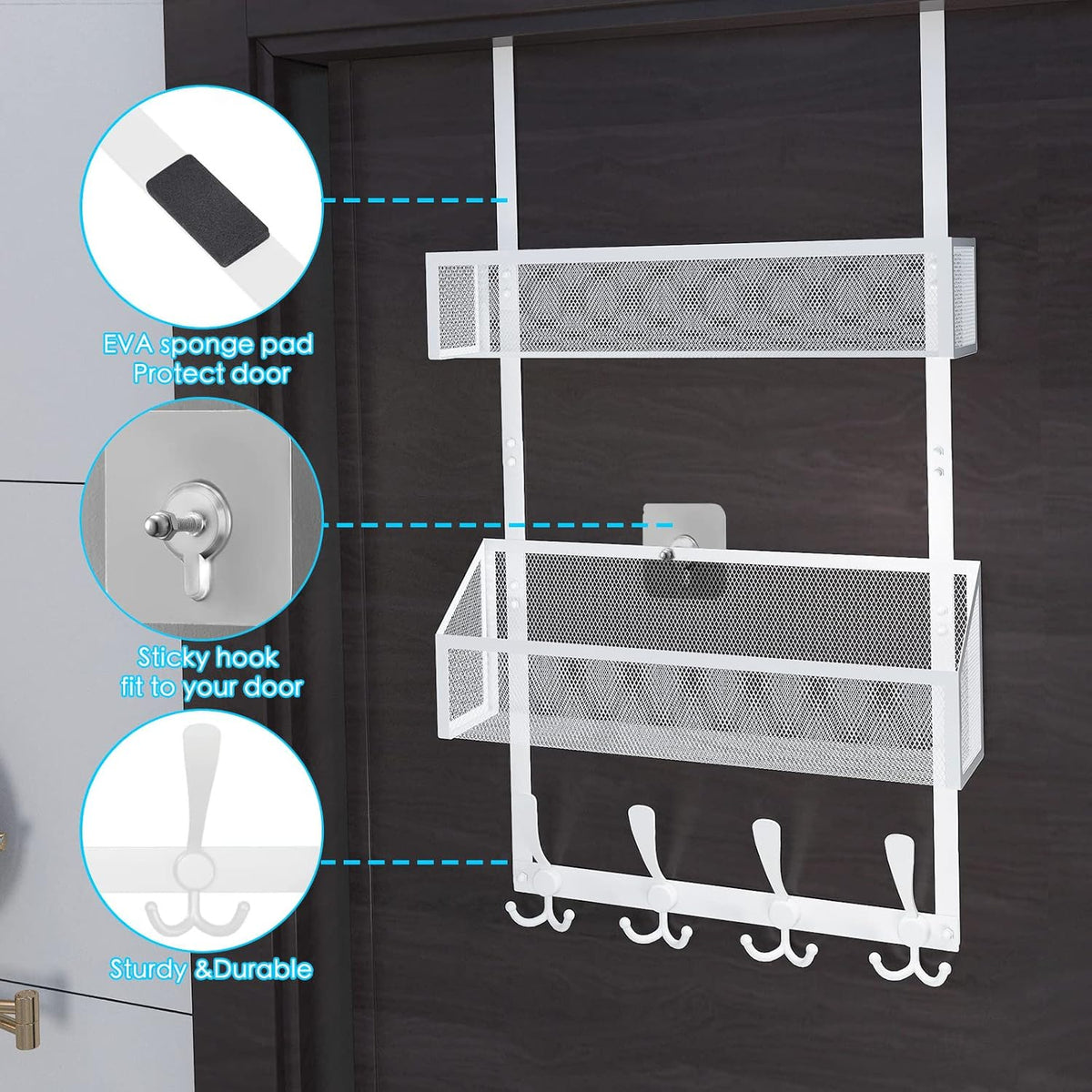 Over The Door Hooks Organizer, Coat Rack Over The Door Storage Hanger Towel Rack, Back of Door Storage Organizer for Bathroom,Bedroom,Kitchen,Office (White, 4-Tier)