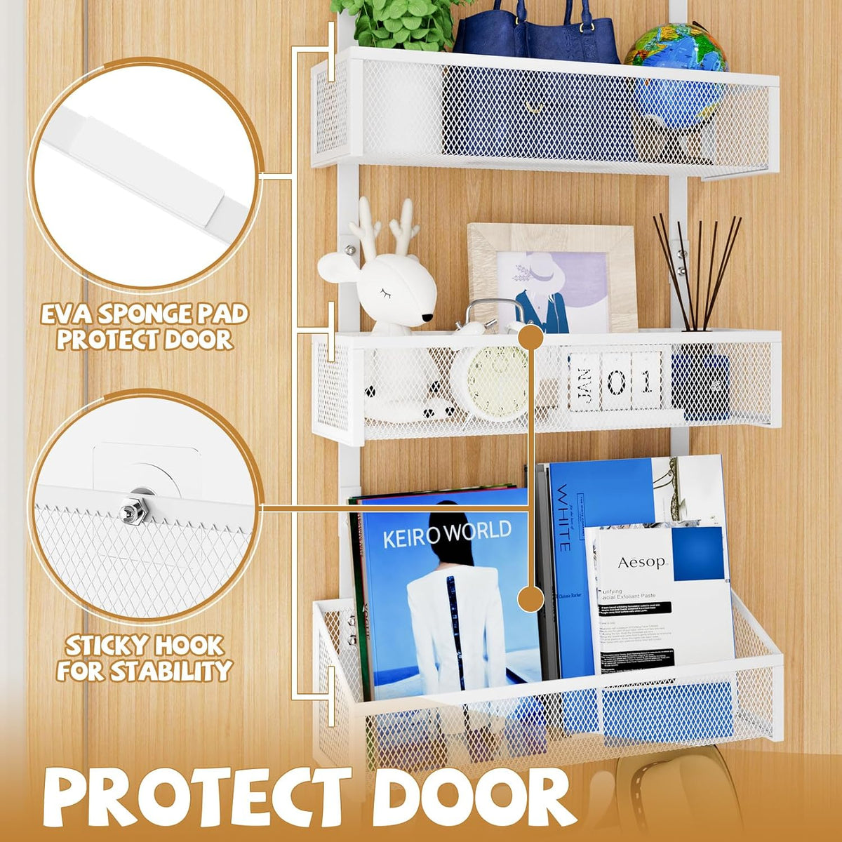 Over The Door Hooks Organizer, Coat Rack Over The Door Storage Hanger Towel Rack, Back of Door Storage Organizer for Bathroom,Bedroom,Kitchen,Office (White, 4-Tier)