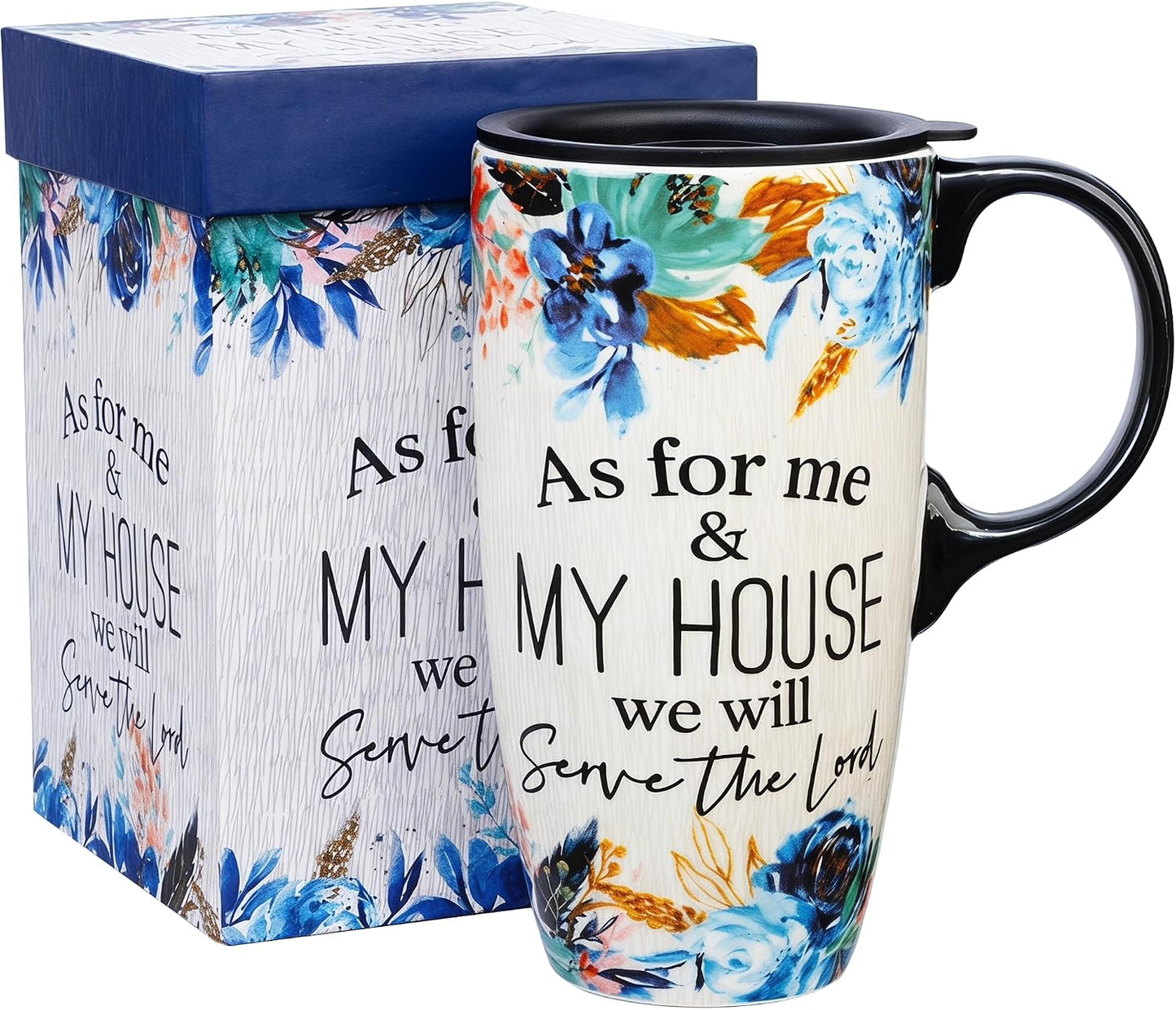 17oz Ceramic Travel Mug with Lid, Blue Daisy Floral Mug | Large Ceramic Coffee Mug • Blue Daisy Watercolor Art • Comfortable Handle • Microwave & Dishwasher Safe • Gift Box