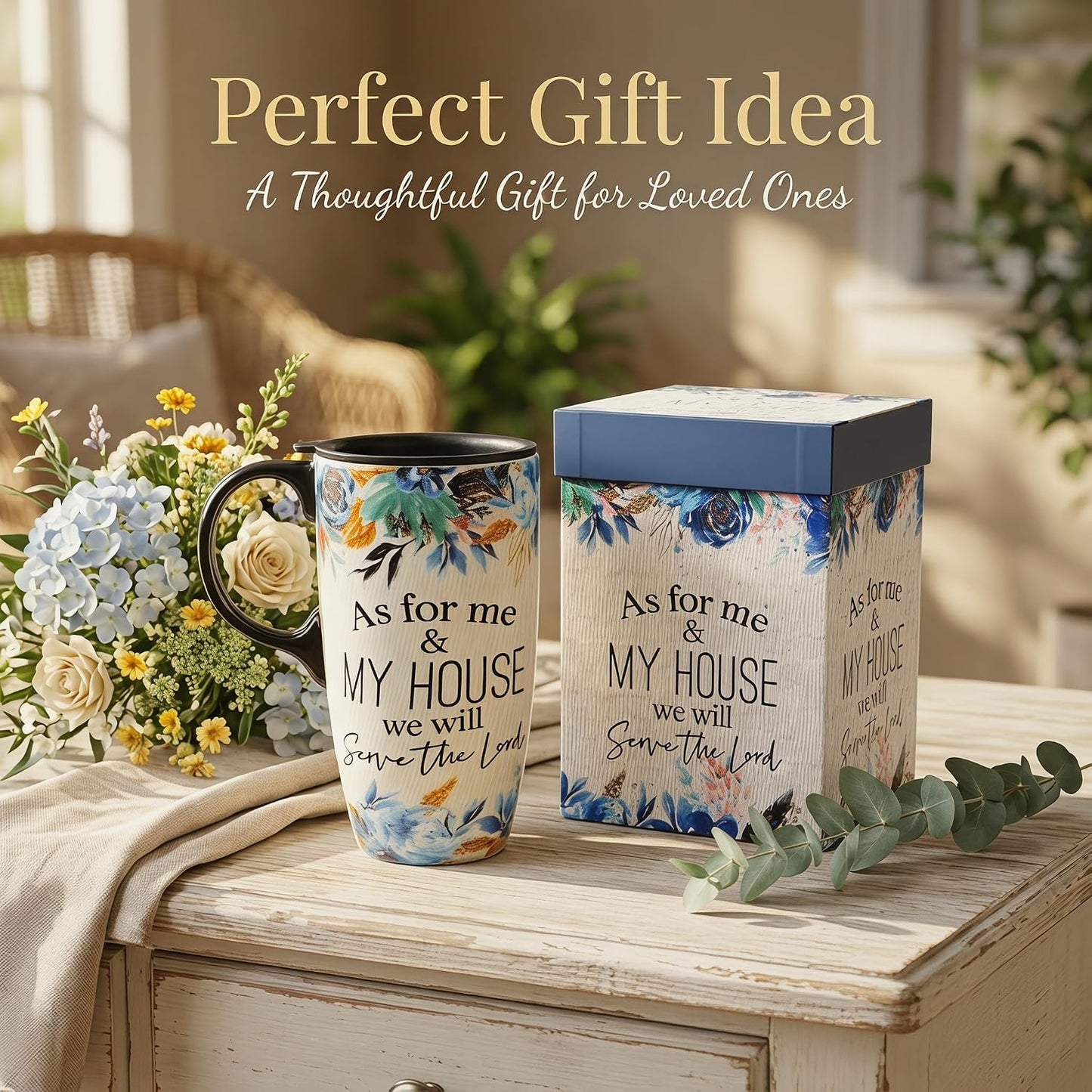 17oz Ceramic Travel Mug with Lid, Blue Daisy Floral Mug | Large Ceramic Coffee Mug • Blue Daisy Watercolor Art • Comfortable Handle • Microwave & Dishwasher Safe • Gift Box