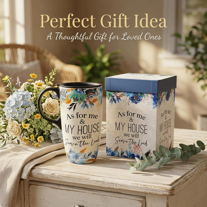 17oz Ceramic Travel Mug with Lid, Blue Daisy Floral Mug | Large Ceramic Coffee Mug • Blue Daisy Watercolor Art • Comfortable Handle • Microwave & Dishwasher Safe • Gift Box