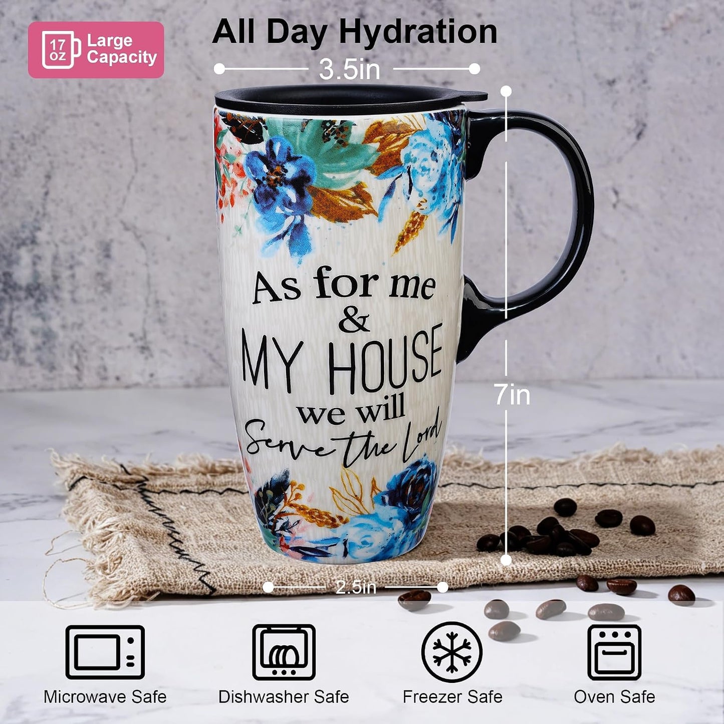 17oz Ceramic Travel Mug with Lid, Blue Daisy Floral Mug | Large Ceramic Coffee Mug • Blue Daisy Watercolor Art • Comfortable Handle • Microwave & Dishwasher Safe • Gift Box