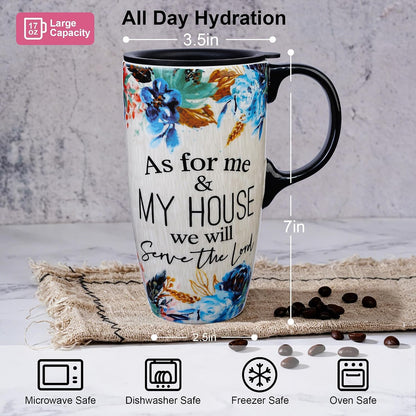 17oz Ceramic Travel Mug with Lid, Blue Daisy Floral Mug | Large Ceramic Coffee Mug • Blue Daisy Watercolor Art • Comfortable Handle • Microwave & Dishwasher Safe • Gift Box
