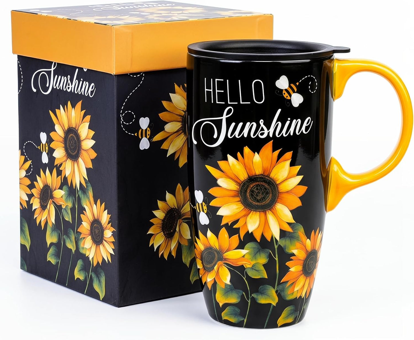17oz Ceramic Travel Mug with Lid, Blue Daisy Floral Mug | Large Ceramic Coffee Mug • Blue Daisy Watercolor Art • Comfortable Handle • Microwave & Dishwasher Safe • Gift Box