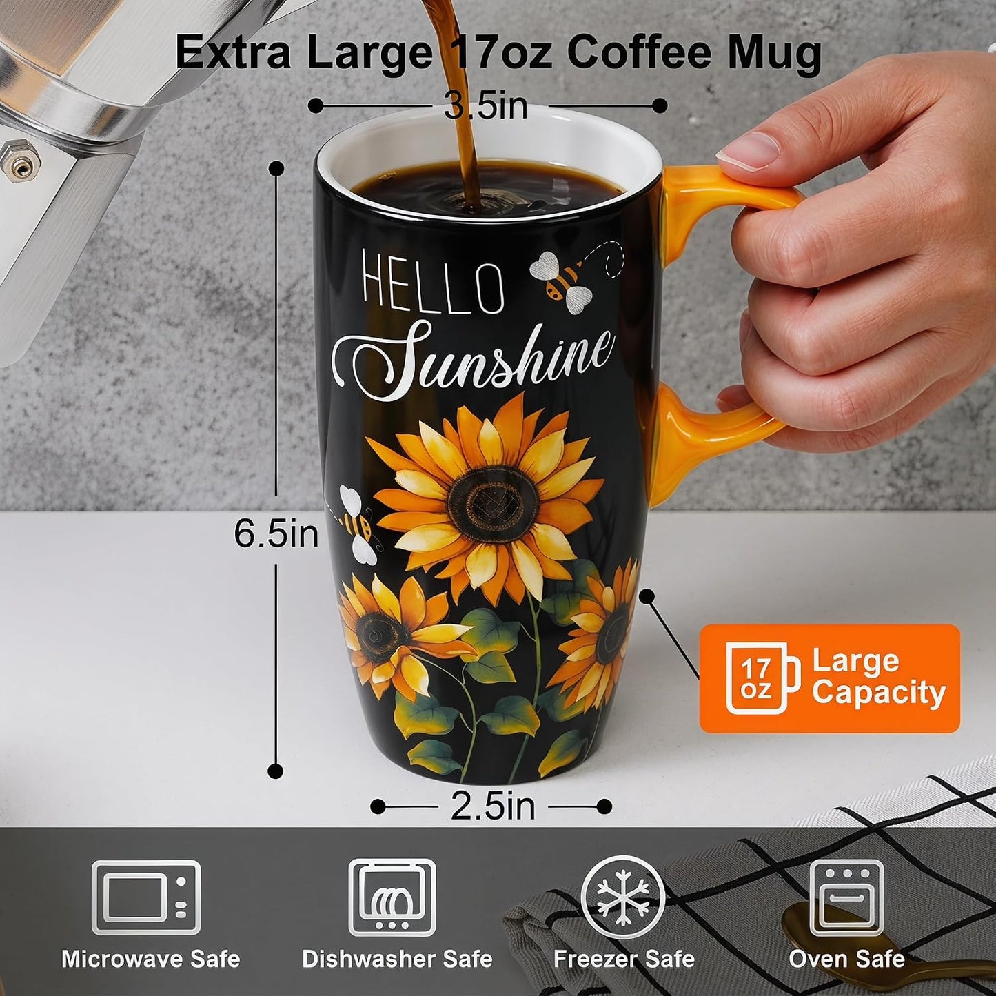 17oz Ceramic Travel Mug with Lid, Blue Daisy Floral Mug | Large Ceramic Coffee Mug • Blue Daisy Watercolor Art • Comfortable Handle • Microwave & Dishwasher Safe • Gift Box
