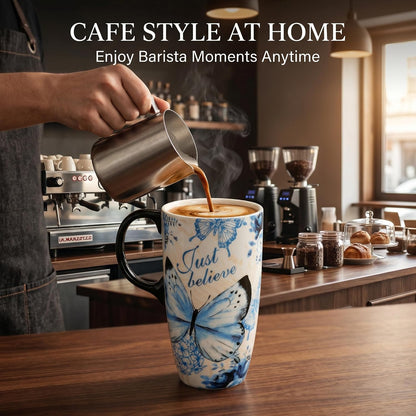 17oz Ceramic Travel Mug with Lid, Blue Daisy Floral Mug | Large Ceramic Coffee Mug • Blue Daisy Watercolor Art • Comfortable Handle • Microwave & Dishwasher Safe • Gift Box