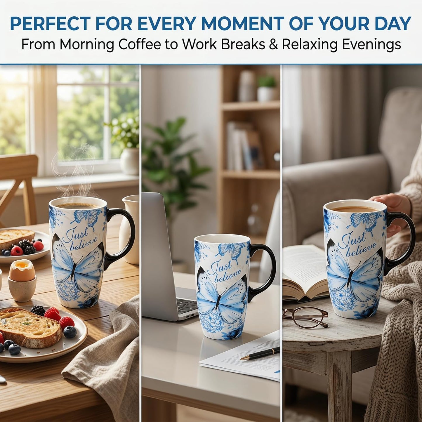 17oz Ceramic Travel Mug with Lid, Blue Daisy Floral Mug | Large Ceramic Coffee Mug • Blue Daisy Watercolor Art • Comfortable Handle • Microwave & Dishwasher Safe • Gift Box