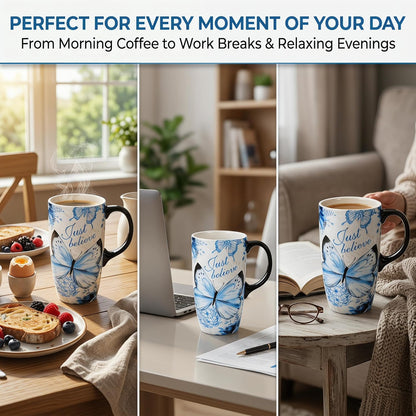 17oz Ceramic Travel Mug with Lid, Blue Daisy Floral Mug | Large Ceramic Coffee Mug • Blue Daisy Watercolor Art • Comfortable Handle • Microwave & Dishwasher Safe • Gift Box