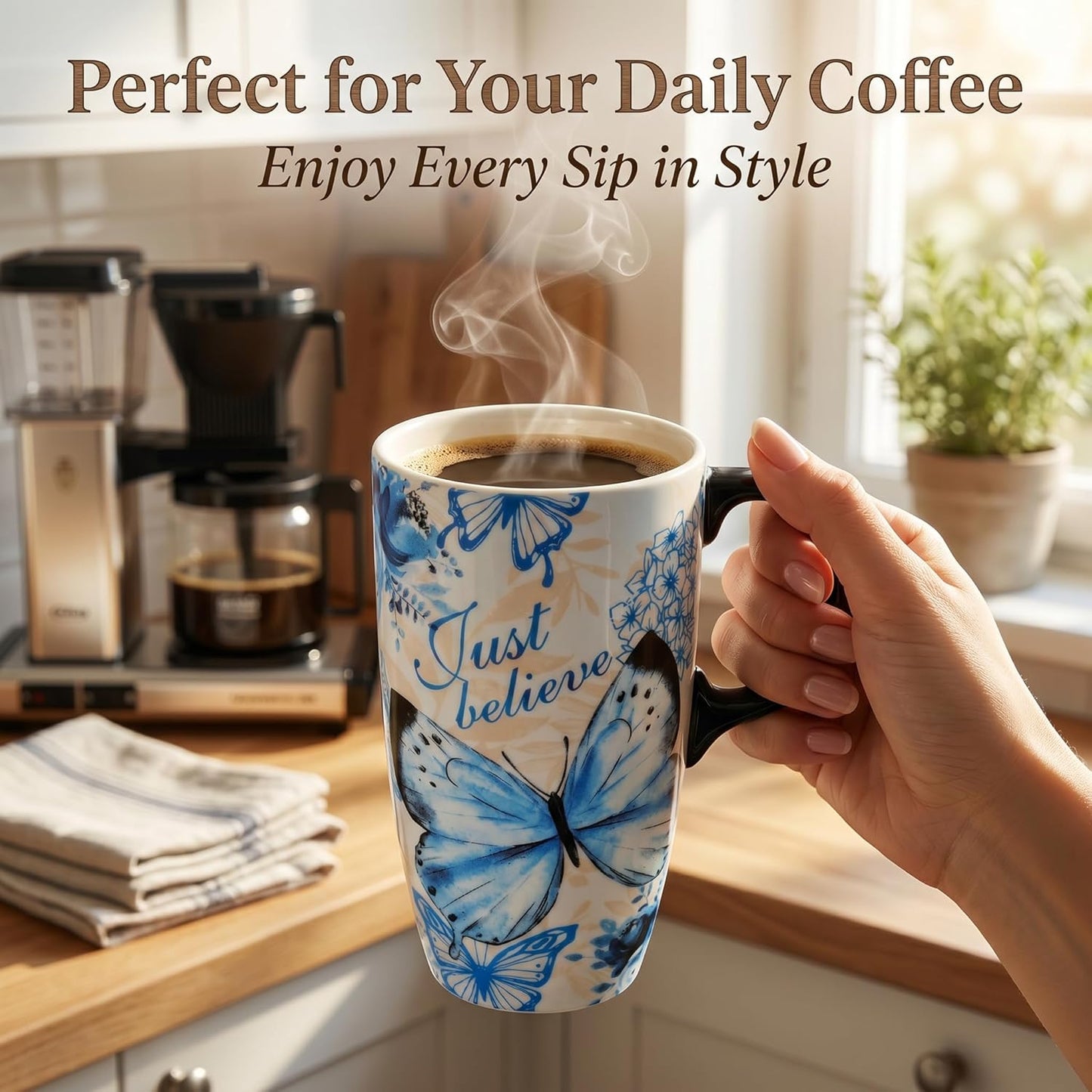 17oz Ceramic Travel Mug with Lid, Blue Daisy Floral Mug | Large Ceramic Coffee Mug • Blue Daisy Watercolor Art • Comfortable Handle • Microwave & Dishwasher Safe • Gift Box