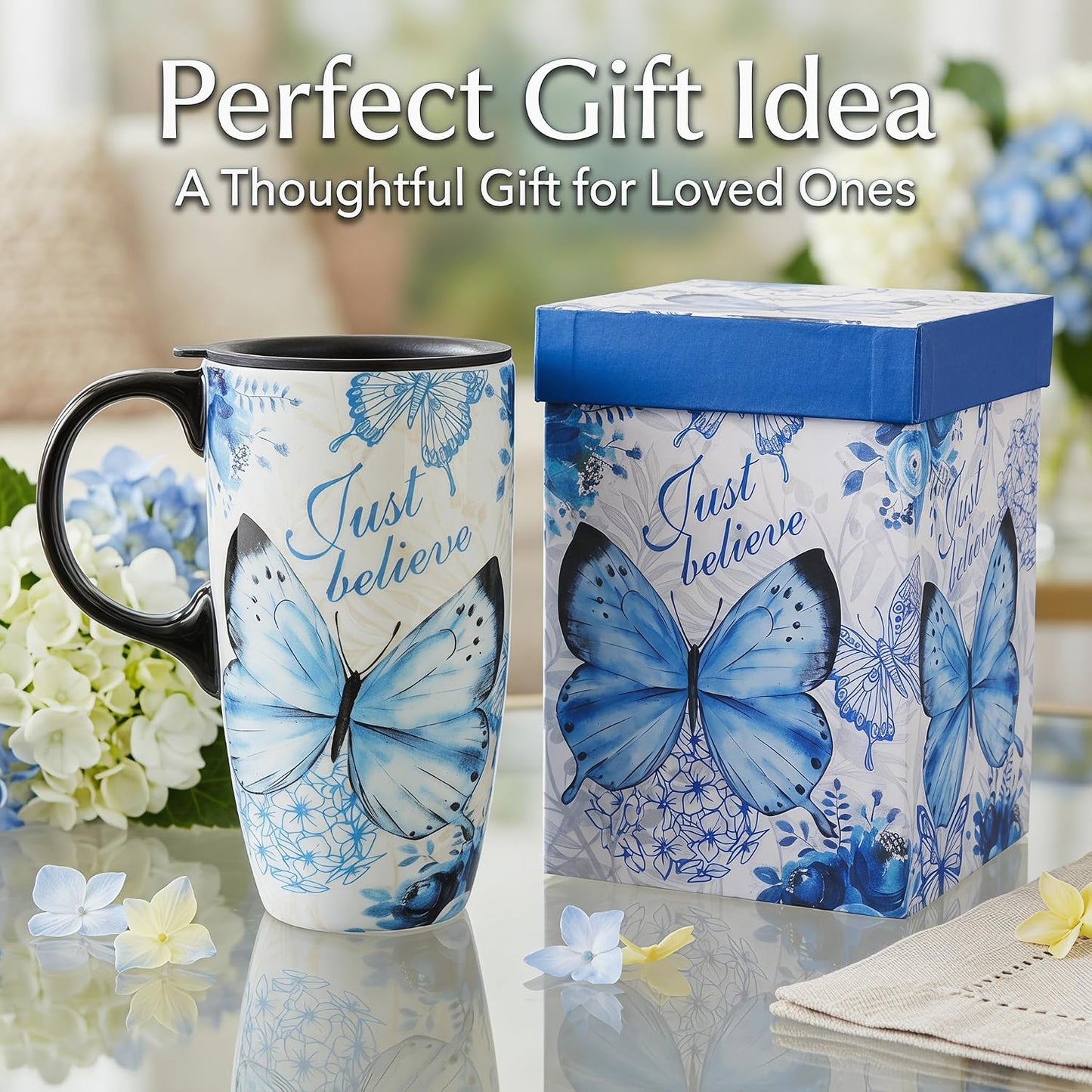 17oz Ceramic Travel Mug with Lid, Blue Daisy Floral Mug | Large Ceramic Coffee Mug • Blue Daisy Watercolor Art • Comfortable Handle • Microwave & Dishwasher Safe • Gift Box