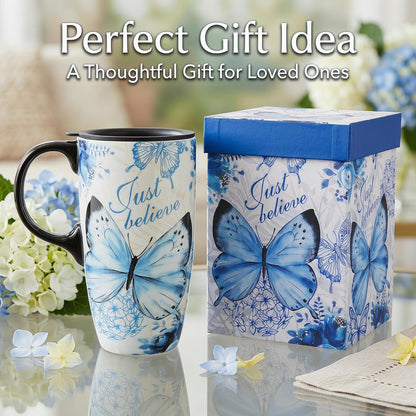 17oz Ceramic Travel Mug with Lid, Blue Daisy Floral Mug | Large Ceramic Coffee Mug • Blue Daisy Watercolor Art • Comfortable Handle • Microwave & Dishwasher Safe • Gift Box