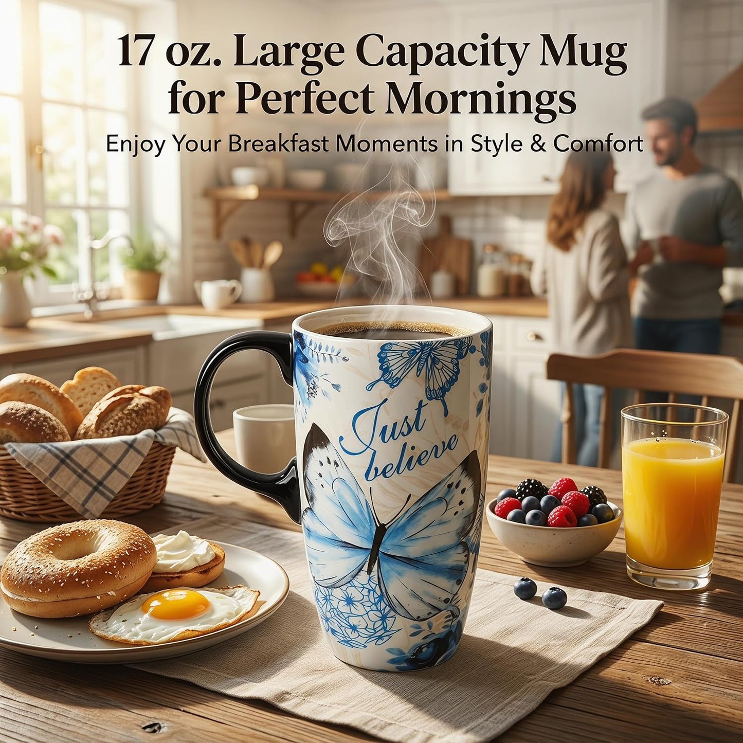 17oz Ceramic Travel Mug with Lid, Blue Daisy Floral Mug | Large Ceramic Coffee Mug • Blue Daisy Watercolor Art • Comfortable Handle • Microwave & Dishwasher Safe • Gift Box