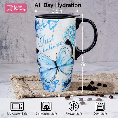 17oz Ceramic Travel Mug with Lid, Blue Daisy Floral Mug | Large Ceramic Coffee Mug • Blue Daisy Watercolor Art • Comfortable Handle • Microwave & Dishwasher Safe • Gift Box
