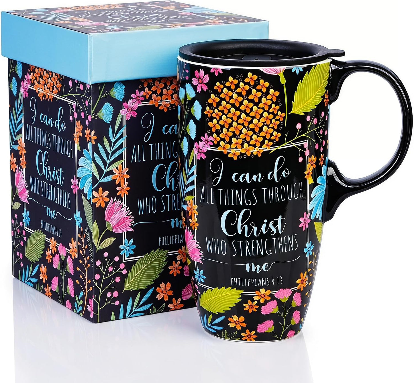 17oz Ceramic Travel Mug with Lid, Blue Daisy Floral Mug | Large Ceramic Coffee Mug • Blue Daisy Watercolor Art • Comfortable Handle • Microwave & Dishwasher Safe • Gift Box