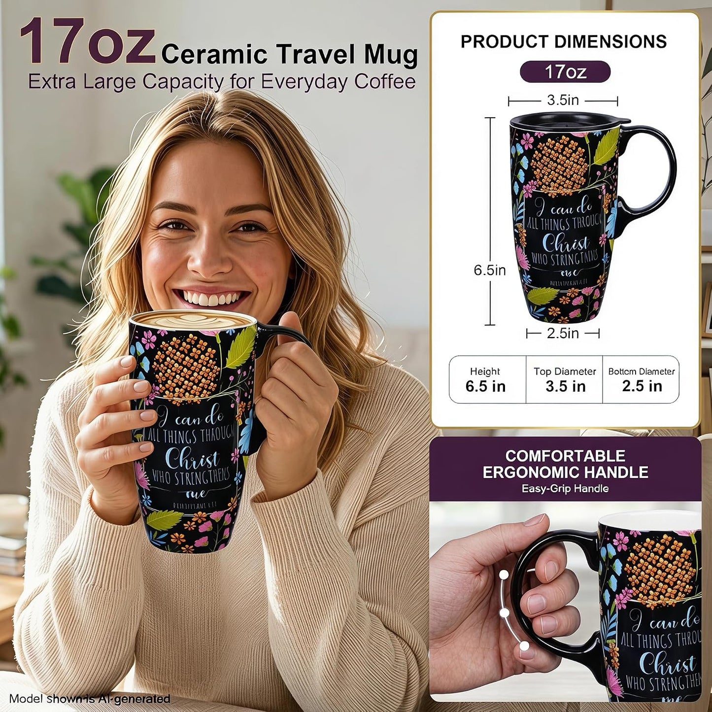 17oz Ceramic Travel Mug with Lid, Blue Daisy Floral Mug | Large Ceramic Coffee Mug • Blue Daisy Watercolor Art • Comfortable Handle • Microwave & Dishwasher Safe • Gift Box