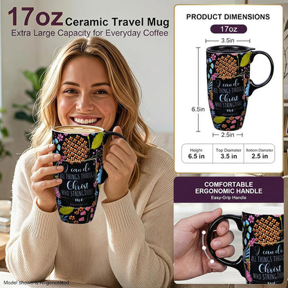 17oz Ceramic Travel Mug with Lid, Blue Daisy Floral Mug | Large Ceramic Coffee Mug • Blue Daisy Watercolor Art • Comfortable Handle • Microwave & Dishwasher Safe • Gift Box
