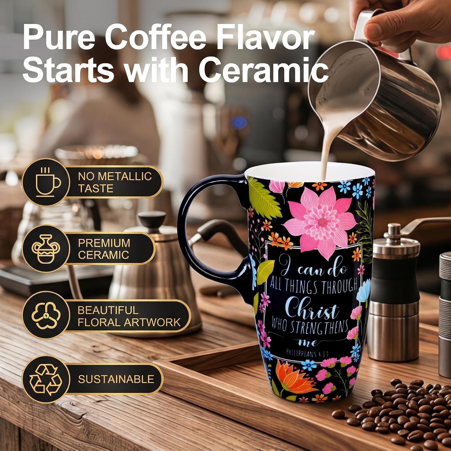 17oz Ceramic Travel Mug with Lid, Blue Daisy Floral Mug | Large Ceramic Coffee Mug • Blue Daisy Watercolor Art • Comfortable Handle • Microwave & Dishwasher Safe • Gift Box