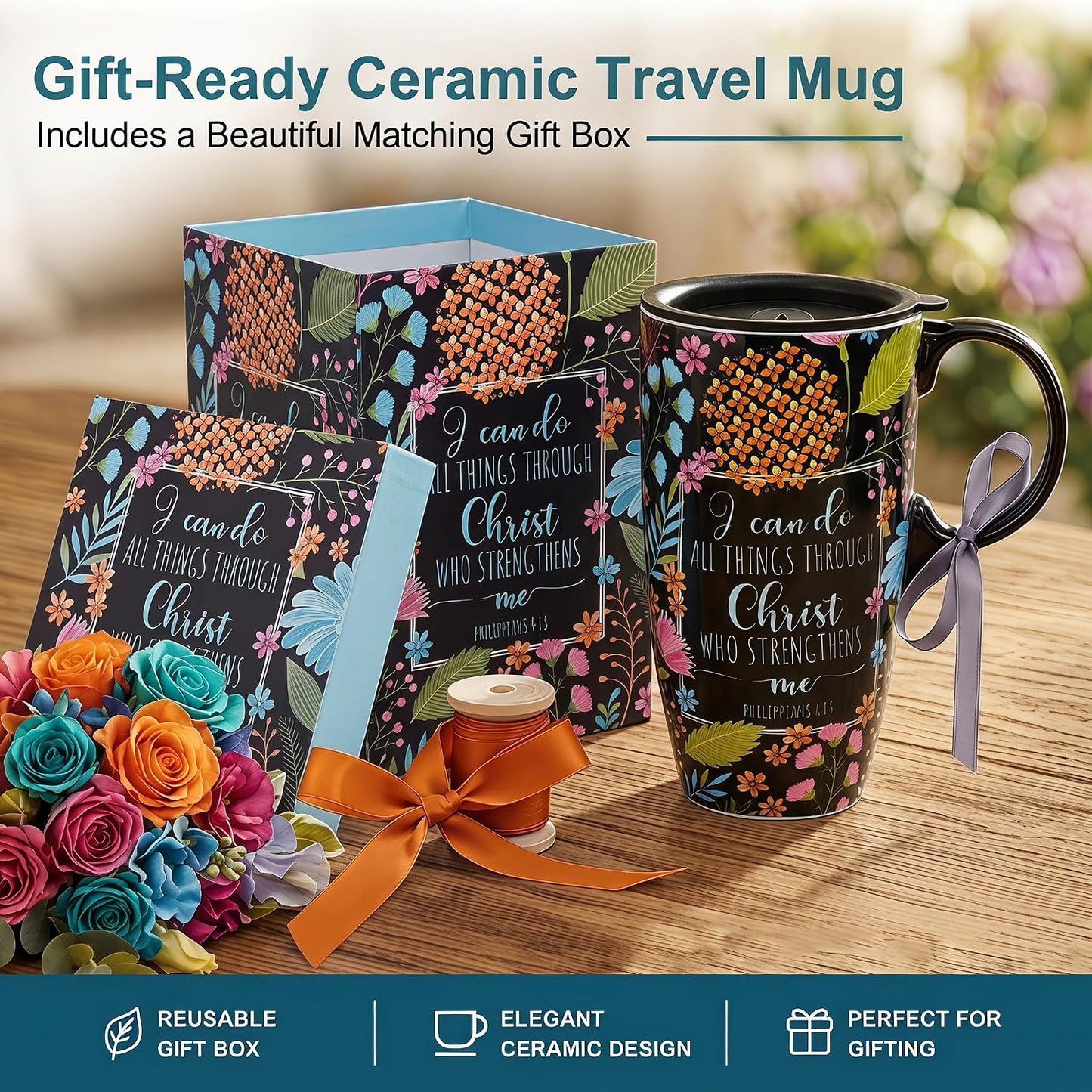 17oz Ceramic Travel Mug with Lid, Blue Daisy Floral Mug | Large Ceramic Coffee Mug • Blue Daisy Watercolor Art • Comfortable Handle • Microwave & Dishwasher Safe • Gift Box