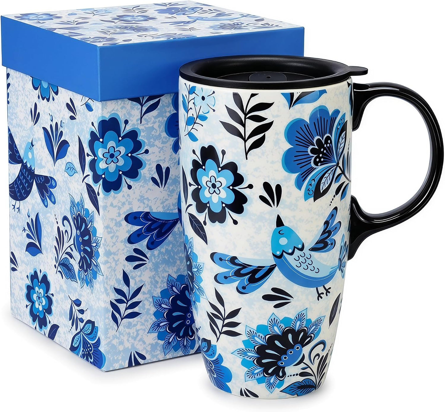 17oz Ceramic Travel Mug with Lid, Blue Daisy Floral Mug | Large Ceramic Coffee Mug • Blue Daisy Watercolor Art • Comfortable Handle • Microwave & Dishwasher Safe • Gift Box