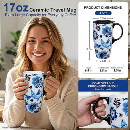 17oz Ceramic Travel Mug with Lid, Blue Daisy Floral Mug | Large Ceramic Coffee Mug • Blue Daisy Watercolor Art • Comfortable Handle • Microwave & Dishwasher Safe • Gift Box