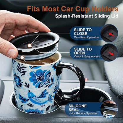 17oz Ceramic Travel Mug with Lid, Blue Daisy Floral Mug | Large Ceramic Coffee Mug • Blue Daisy Watercolor Art • Comfortable Handle • Microwave & Dishwasher Safe • Gift Box