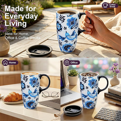 17oz Ceramic Travel Mug with Lid, Blue Daisy Floral Mug | Large Ceramic Coffee Mug • Blue Daisy Watercolor Art • Comfortable Handle • Microwave & Dishwasher Safe • Gift Box