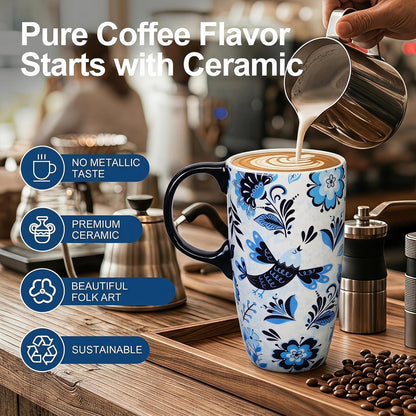 17oz Ceramic Travel Mug with Lid, Blue Daisy Floral Mug | Large Ceramic Coffee Mug • Blue Daisy Watercolor Art • Comfortable Handle • Microwave & Dishwasher Safe • Gift Box