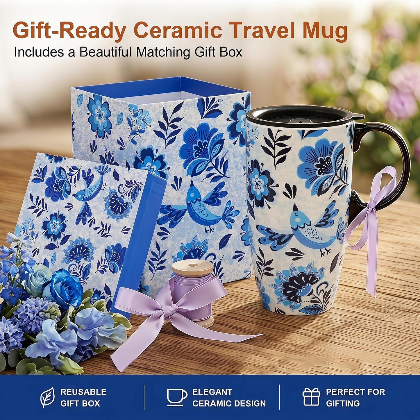17oz Ceramic Travel Mug with Lid, Blue Daisy Floral Mug | Large Ceramic Coffee Mug • Blue Daisy Watercolor Art • Comfortable Handle • Microwave & Dishwasher Safe • Gift Box
