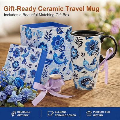 17oz Ceramic Travel Mug with Lid, Blue Daisy Floral Mug | Large Ceramic Coffee Mug • Blue Daisy Watercolor Art • Comfortable Handle • Microwave & Dishwasher Safe • Gift Box