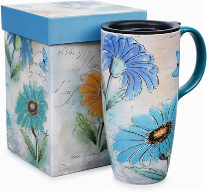 17oz Ceramic Travel Mug with Lid, Blue Daisy Floral Mug | Large Ceramic Coffee Mug • Blue Daisy Watercolor Art • Comfortable Handle • Microwave & Dishwasher Safe • Gift Box