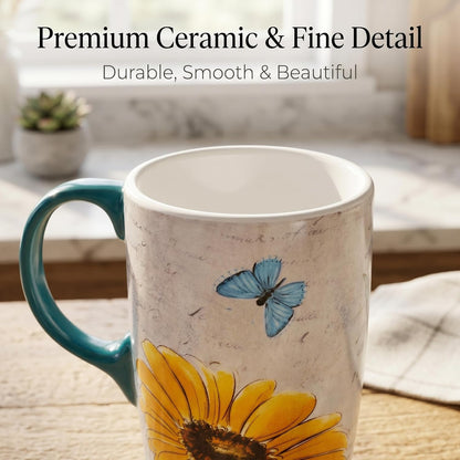17oz Ceramic Travel Mug with Lid, Blue Daisy Floral Mug | Large Ceramic Coffee Mug • Blue Daisy Watercolor Art • Comfortable Handle • Microwave & Dishwasher Safe • Gift Box