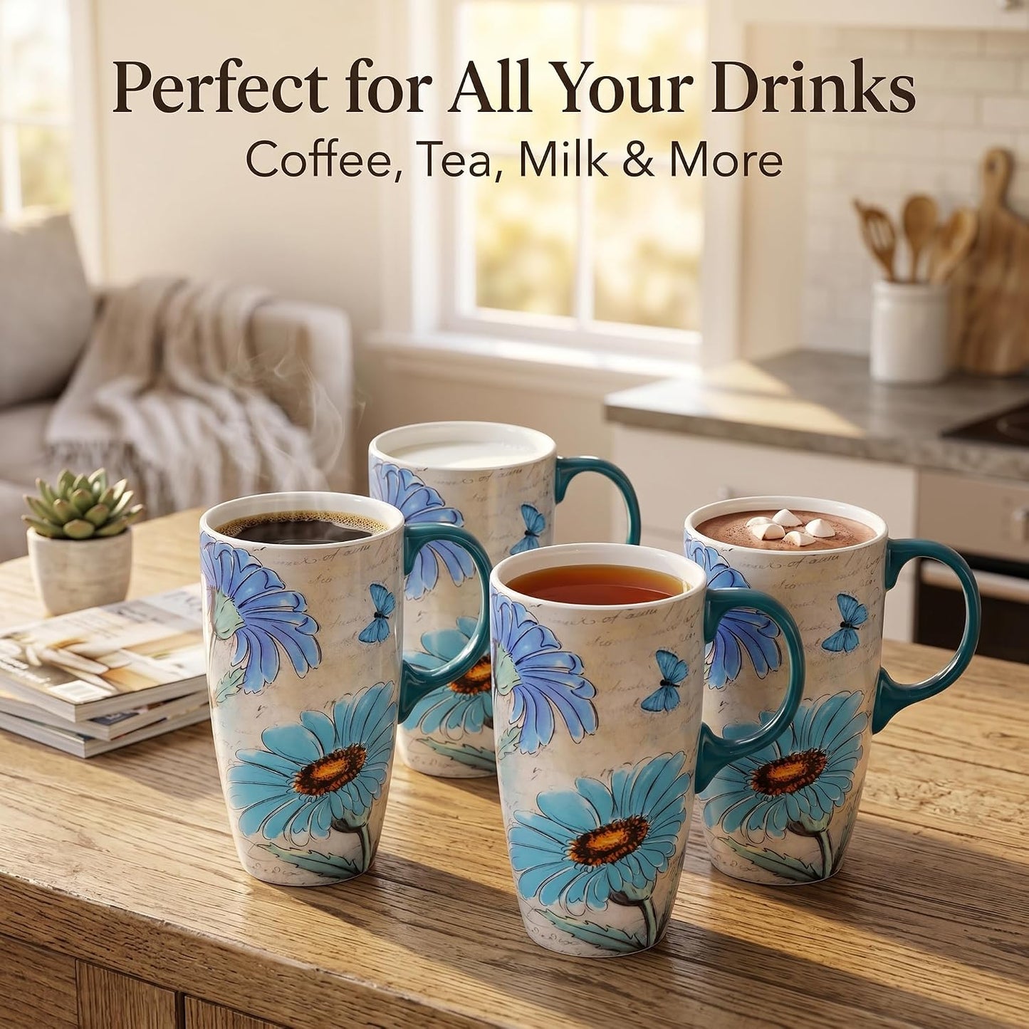 17oz Ceramic Travel Mug with Lid, Blue Daisy Floral Mug | Large Ceramic Coffee Mug • Blue Daisy Watercolor Art • Comfortable Handle • Microwave & Dishwasher Safe • Gift Box