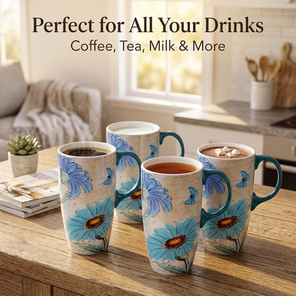 17oz Ceramic Travel Mug with Lid, Blue Daisy Floral Mug | Large Ceramic Coffee Mug • Blue Daisy Watercolor Art • Comfortable Handle • Microwave & Dishwasher Safe • Gift Box