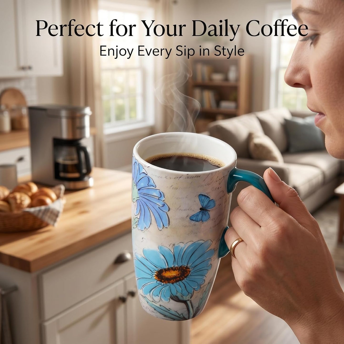 17oz Ceramic Travel Mug with Lid, Blue Daisy Floral Mug | Large Ceramic Coffee Mug • Blue Daisy Watercolor Art • Comfortable Handle • Microwave & Dishwasher Safe • Gift Box