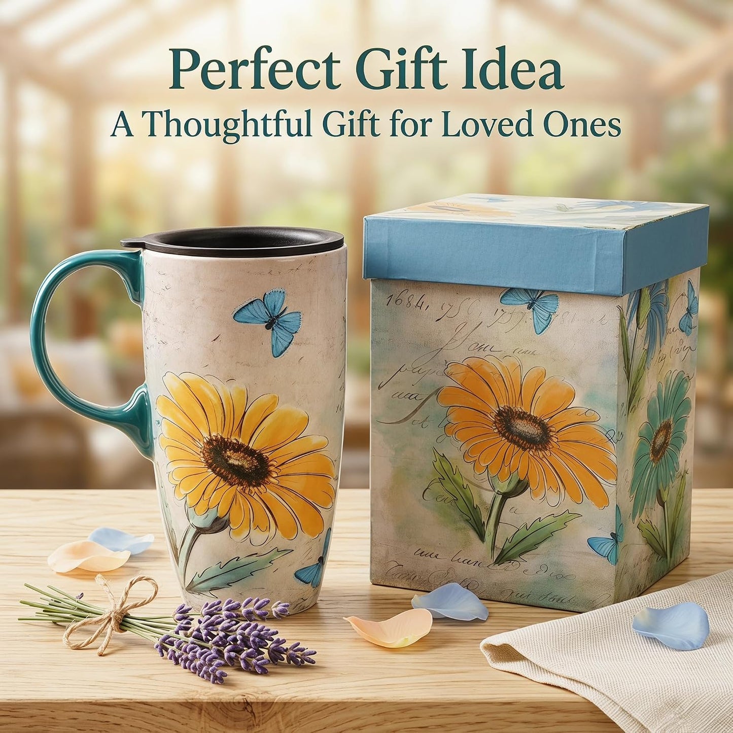 17oz Ceramic Travel Mug with Lid, Blue Daisy Floral Mug | Large Ceramic Coffee Mug • Blue Daisy Watercolor Art • Comfortable Handle • Microwave & Dishwasher Safe • Gift Box